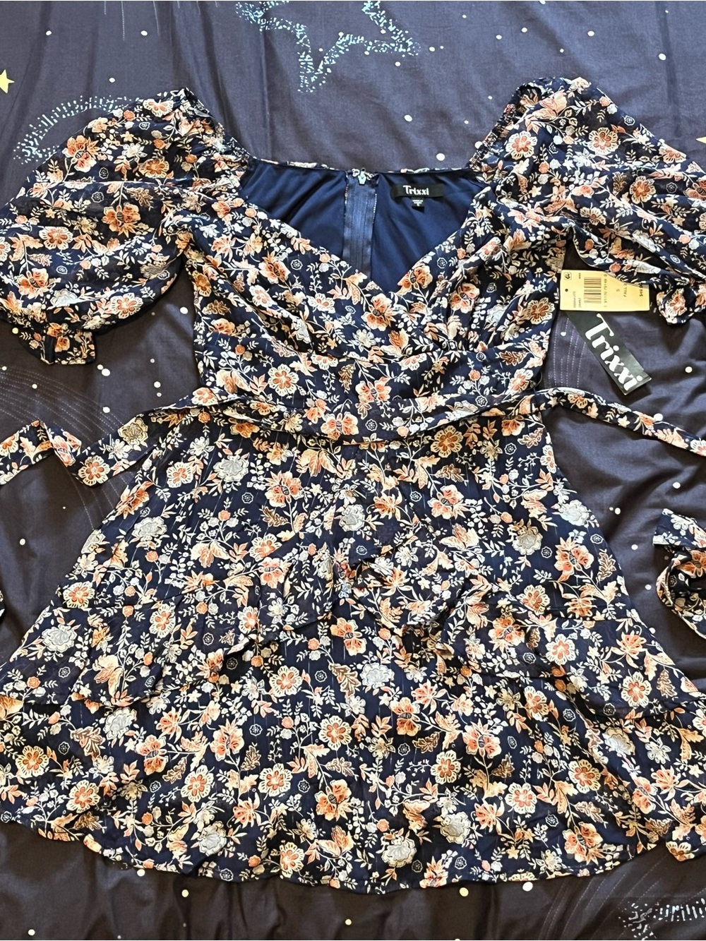 NWT Trixxi Navy Floral Puff-Sleeve Wrap Mini Dress